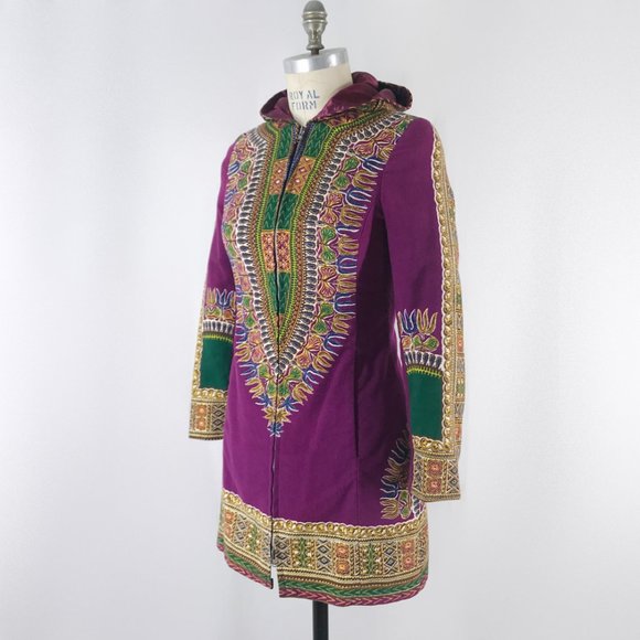 Vintage 70s Hippie Jacket Dashiki Print Purple Utex Hooded Coat - Picture 4 of 9